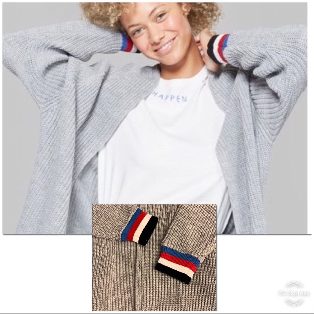 Wild Fable Light Gray Open-Front Cardigan with Red, Blue & Black Trim